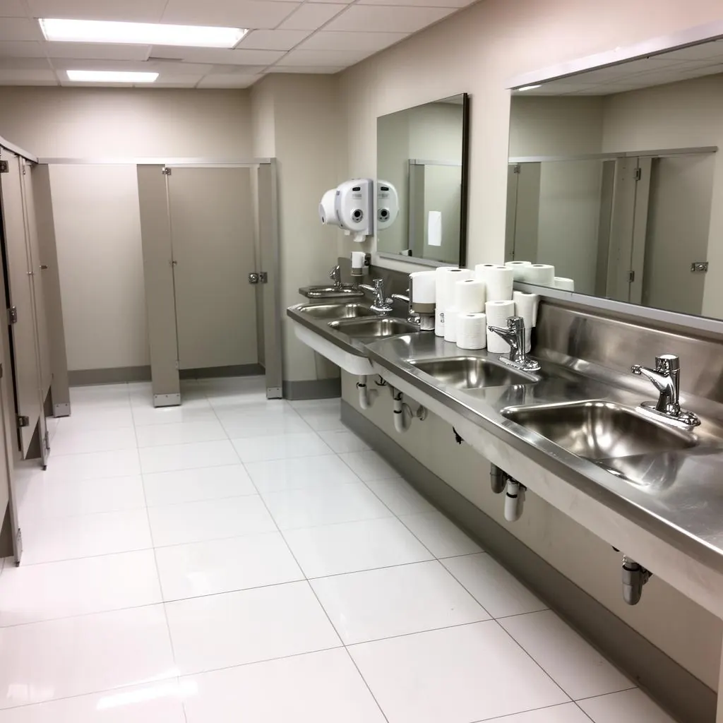 Sparkling commercial restroom with disinfected tile and polished stainless sinks after janitorial service Sparkling commercial restroom with disinfected tile and polished stainless sinks after janitorial service
