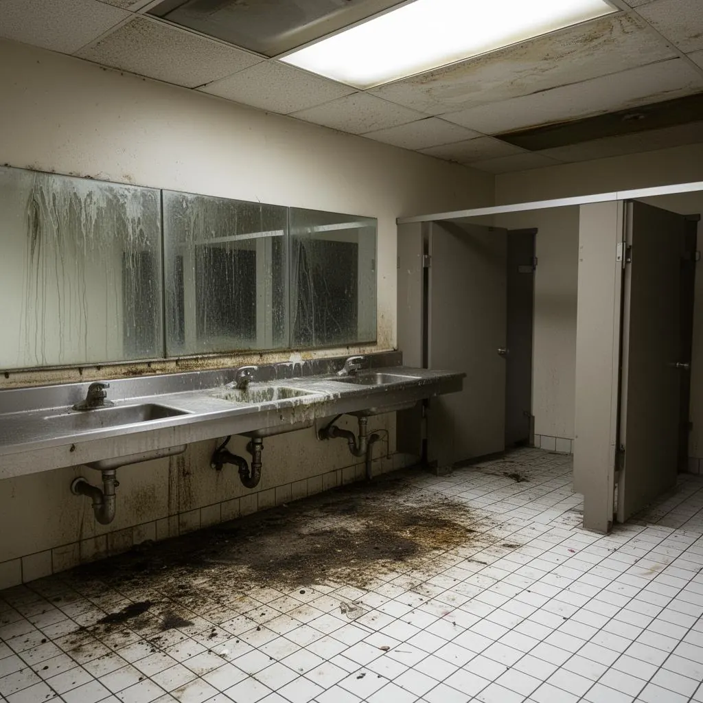 Dirty commercial restroom with stained tile and soap-scum sinks before cleaning Dirty commercial restroom with stained tile and soap-scum sinks before cleaning