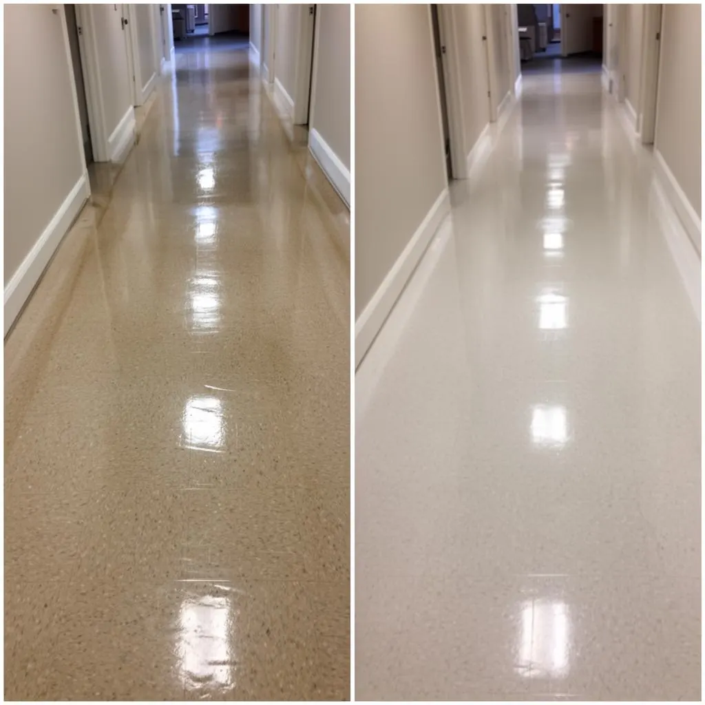 High-gloss vinyl floor after professional stripping and waxing High-gloss vinyl floor after professional stripping and waxing