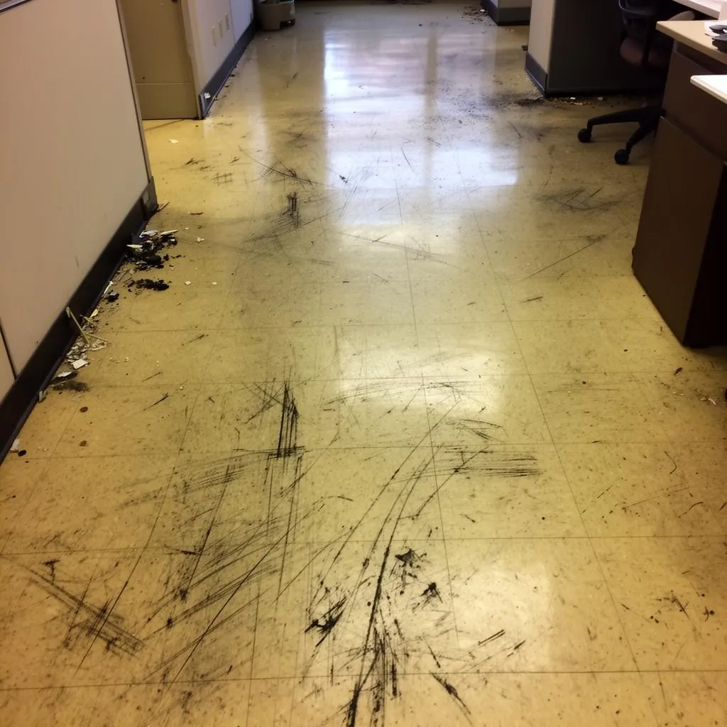 Scuffed yellowed office vinyl floor before strip and wax Scuffed yellowed office vinyl floor before strip and wax