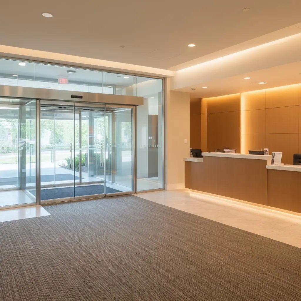 Streak-free glass entry and fresh vacuumed carpet in lobby after cleaning Streak-free glass entry and fresh vacuumed carpet in lobby after cleaning