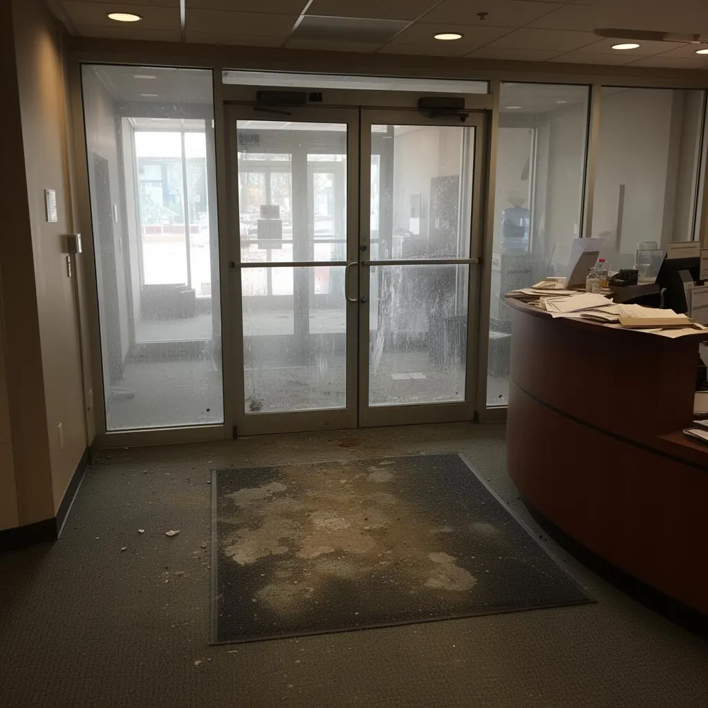 Smudged glass entry and dirty carpet in corporate lobby before cleaning Smudged glass entry and dirty carpet in corporate lobby before cleaning