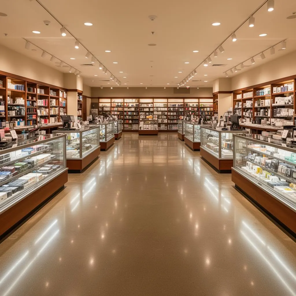 Polished retail store with mirror-shine floor and organized merchandise after cleaning Polished retail store with mirror-shine floor and organized merchandise after cleaning