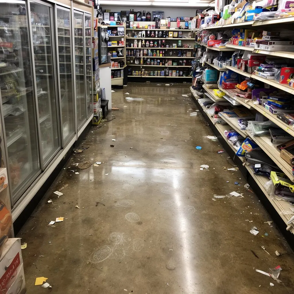 Cluttered retail aisle with debris on floor before cleaning Cluttered retail aisle with debris on floor before cleaning